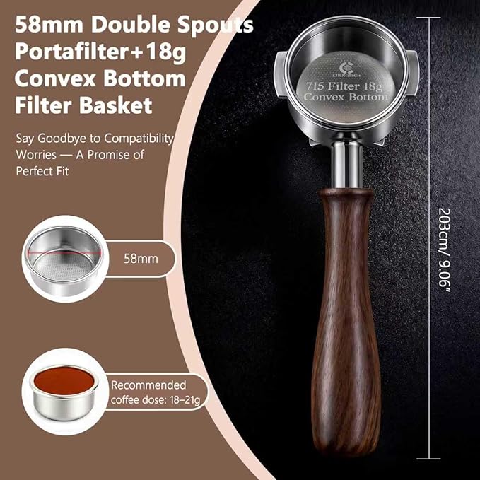 Espresso Accessories, 58mm Double Spout Portafilter with 18g Convex Filter Basket (715 Holes), Walnut Wood Handle, Compatible with La Marzocco, Slayer, Rocket Espresso, Lelit & E61 Machines