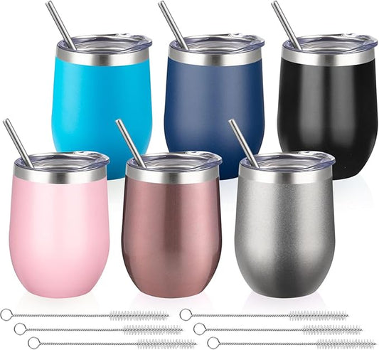 12 Oz Insulated Wine Tumbler with Lid Double Wall Vacuum Stainless Steel Wine Glass Coffee Mug Insulated Tumbler Cup for Champaign, Cocktail, Beer (Mixed, 6 Pack)
