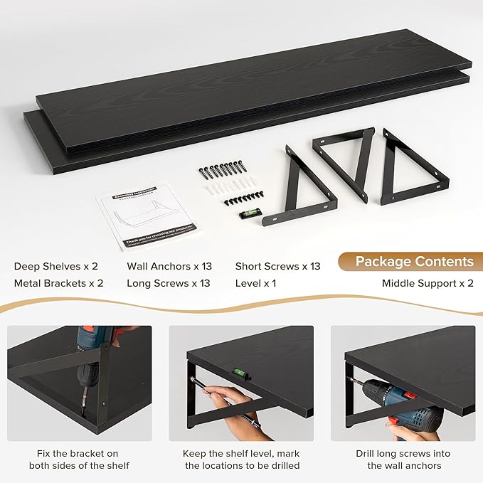 Deep Floating Shelves Wall Mounted, 48"x12" Black Wall Shelves with Brackets Set of 2 for Bedroom, Living Room, Bathroom, Kitchen, Office - Storage & Display Shelf for Decor, Books, Plants