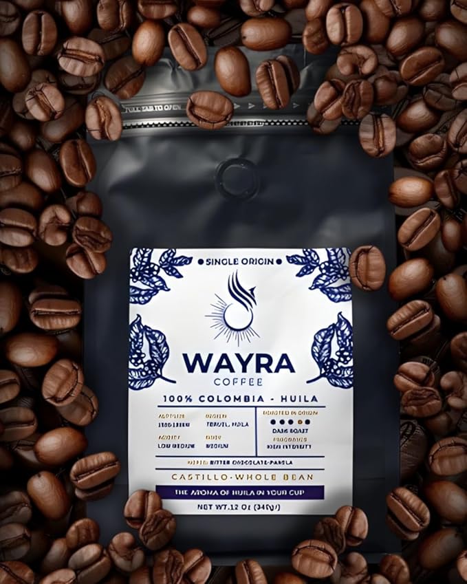 Wayra Whole Bean Colombian Coffee - Dark Roast - Castillo 100% Arabica Fresh Colombian Coffee - Huila Single Origin - Direct Trade - Low Medium Acid - Flavor Notes of Dark Chocolate, Panela and Walnuts Net Wt. 12 Oz (340 gr) Resealable Bag - Pour Over,...