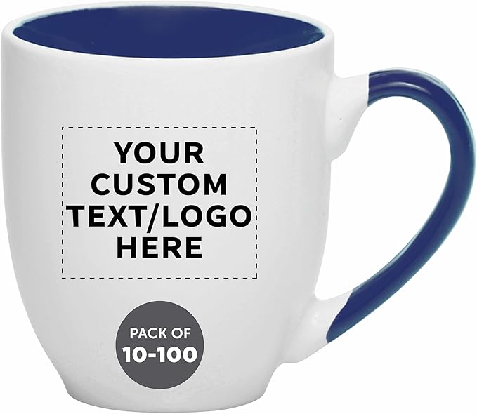 Custom Bistro Style Large Coffee Mugs 16 oz. Set of 10/50/100, Personalized Bulk Pack - Perfect for Coffee, Tea, Espresso, Hot Cocoa, Other Beverages - Cobalt Blue