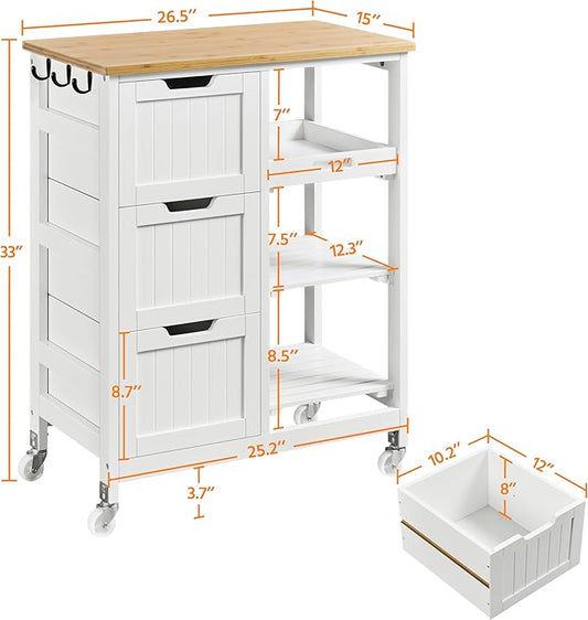 Yaheetech Kitchen Island Cart on Wheels, Rolling Storage Cart with Bamboo Countertop, 3 Drawers, 3 Removable Shelves & Lockable Casters for Dining Room, Bar, White