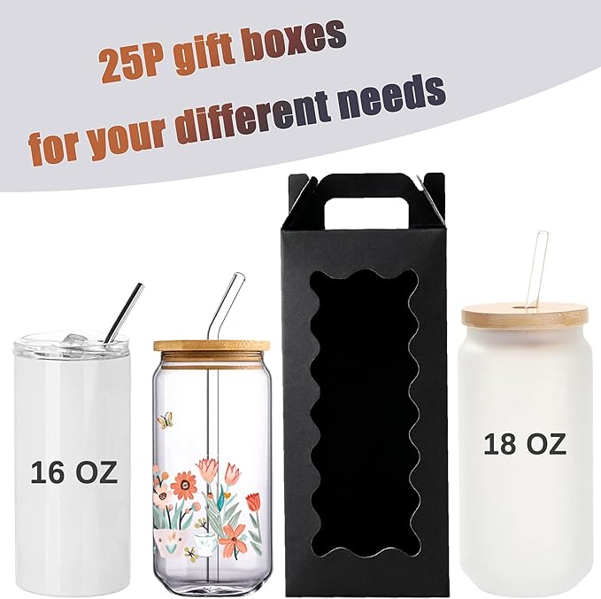 25Pcs Tumbler Gift boxes for glass cup with Handle for 16oz 18oz 20oz Sublimation Glass, Cup boxes for packaging 16oz,water bottle gift boxes,Tumbler Packaging Boxes with window for gifts（Black）
