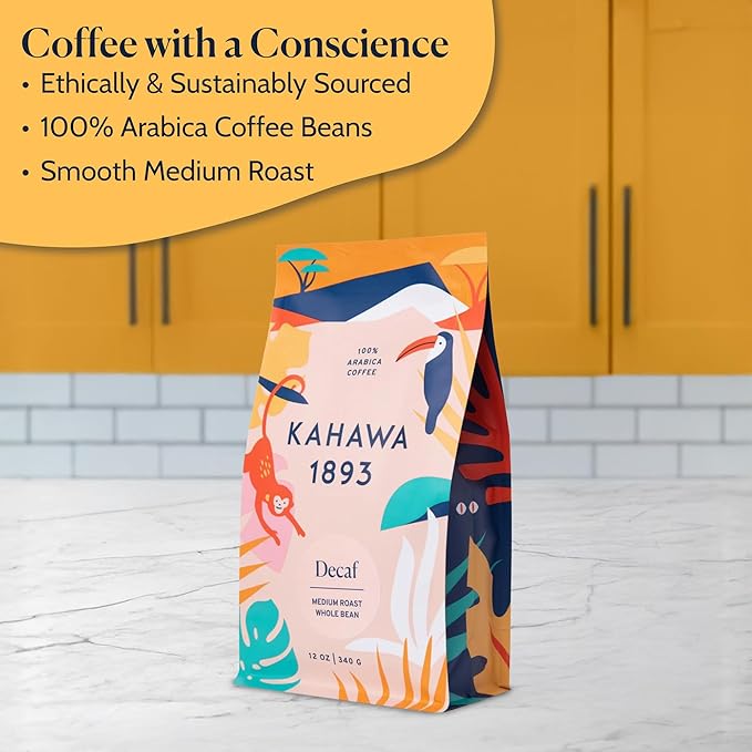 Kahawa 1893 Whole Bean Coffee Medium Roast Decaf Blend 12 Oz - As Seen on Shark Tank, Naturally Sweet, Organically Grown, Ethically & Sustainably Sourced