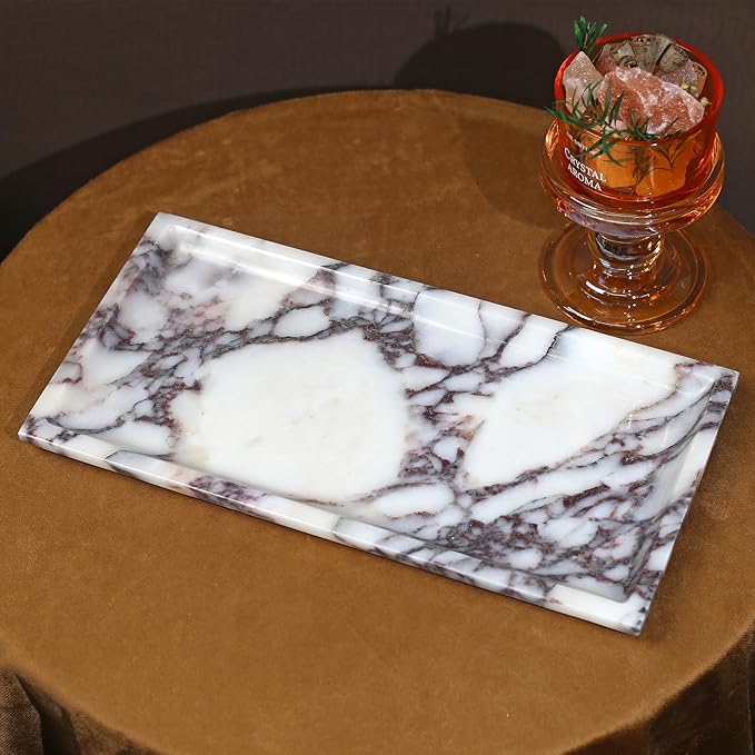 Natural Marble Tray, Coffee Table, Food, Fruit, Paper Cup, Cake Display, Coffee bar, Family Gatherings, Seasonal Holiday Decoration Tray(Viola-rectangle-11 x5 x0.7)