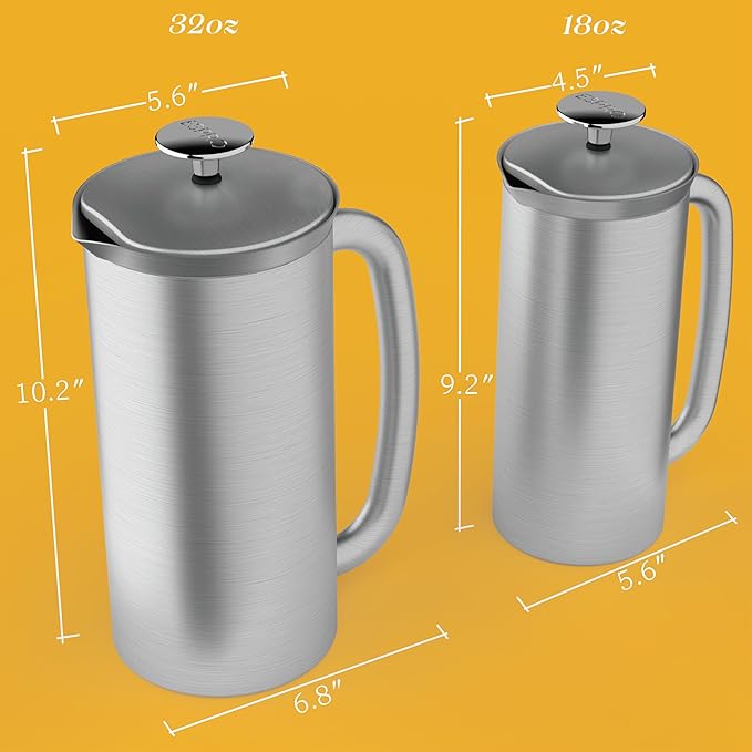 ESPRO P7 Brushed Stainless Steel French Press 304 – Patented Double Walled Micro-Filter Insulated French Press Coffee Maker, Grit-Free Brew - Heat Resistant BPA Free (32oz)