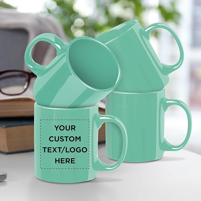 Custom Ceramic Coffee Mugs 11 oz. Set of 100, Personalized Bulk Pack - Coffee cup set, Iced coffee cup, Gaming mug - Teal