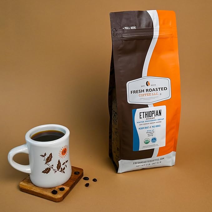 Fresh Roasted Coffee, Organic Ethiopian Sidamo Water-Processed Decaf | USDA Organic, 100% Single Origin, Kosher | Medium Roast 2 lb (32 oz) Whole Bean