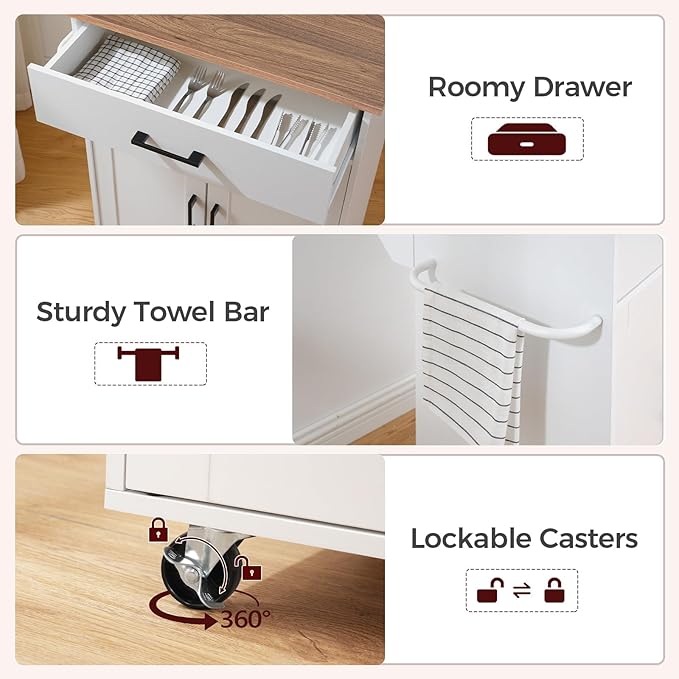 Kitchen Island on Wheels with Drop Leaf, Folding Countertop Kitchen Island Cart, Kitchen Island Table with Towel Rack, Drawer, for Kitchen, Dining Room, White and Walnut KIBZ12501