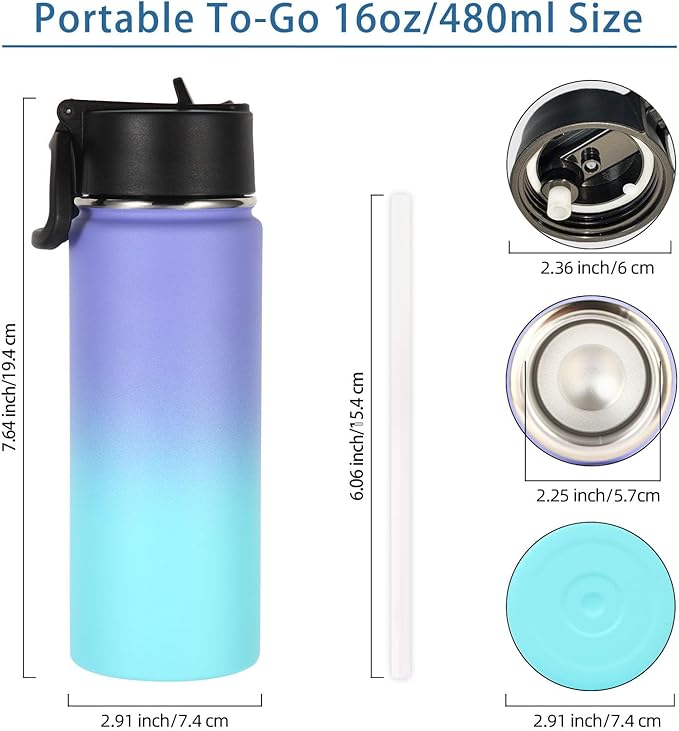 Volhoply 16 OZ Kids Water Bottle Bulk 2 Pack,Insulated Sports Bottles with Straw Lid,Stainless Steel Bottle with Handle Keep Cold & Hot,Double Wall Vacuum Tumbler Cups for School(Purple Blue, 2)