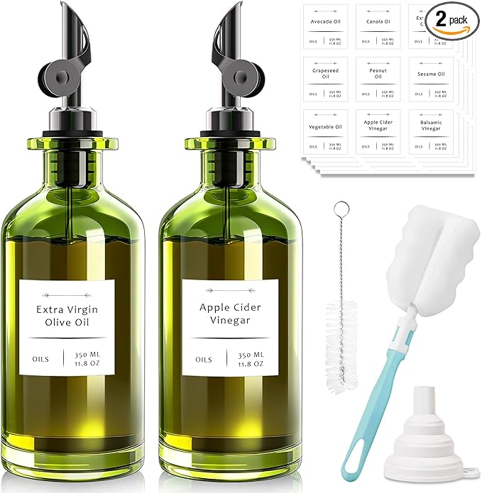 COOLMI Oil Dispenser for Kitchen - 12oz/350ml, Set of 2 Extra Thick Food Grade Glass Olive Oil Dispenser Bottle with Cleaning Brush, Stickers and Funnel (Black)