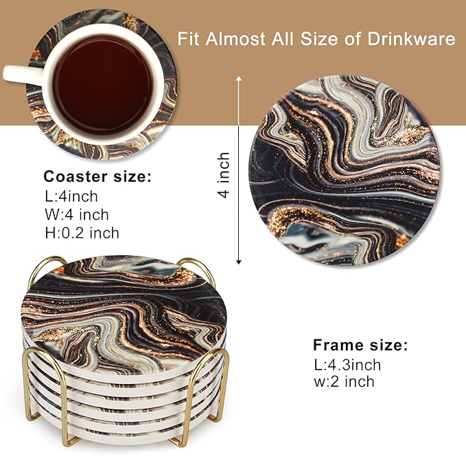 6 Pcs Black and Gold Marble Coasters with Holder Best Round Absorbent Coasters for Drinks, Coffee, Beer, Table Marble Personalized Coaster Sets