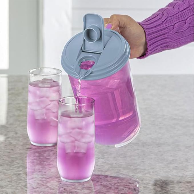 Sterilite 2 Quart Clear Round Plastic Pitcher, Dishwasher Proof with Blue Lid, Spout, and Handle for Easy Pouring, Washed Blue, 18-Pack