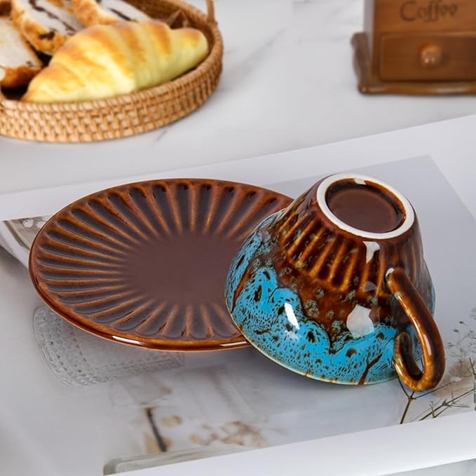 YINUOWEI 2 oz Espresso Cups Set of 2, Ceramic Cappuccino Cups with Saucers, Durable Porcelain Tea Set & Modern Coffee Cup Collection, Coffee Lover Gifts, Glazed Blue
