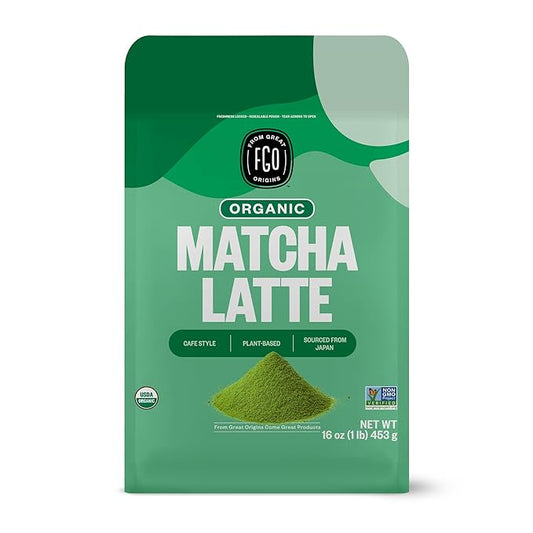 FGO Organic Matcha Latte Powder, 16 Ounce Bulk Resealable Bag, Japanese Matcha with Organic Cane Sugar, Lightly Sweetened, Packaging May Vary (Pack of 1)