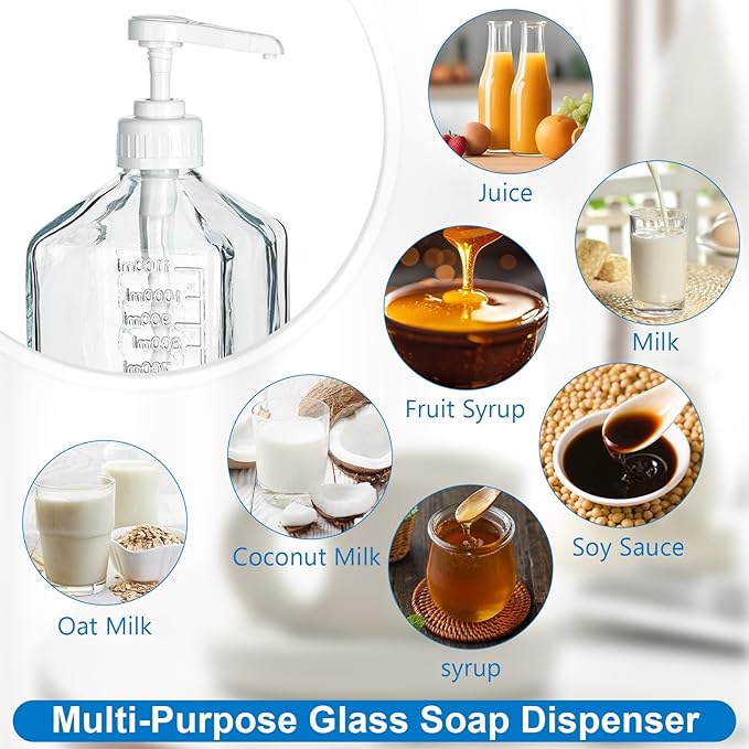 Uceoo Coffee Syrup Dispenser, Glass Syrup Bottle With Plastic Pump, 37 Oz Large Capacity Square Syrup Pump Dispensers for Coffee Bar, Simple Clear Pump Bottle for Honey, Condiments, Salad Dressings