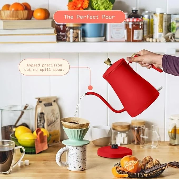 Electric Gooseneck Kettle 1 Liter 1200W, Stainless Steel, Pour Over Coffee Tea, Auto Shut-Off, 360° Cordless Power Base (Tomato Red)