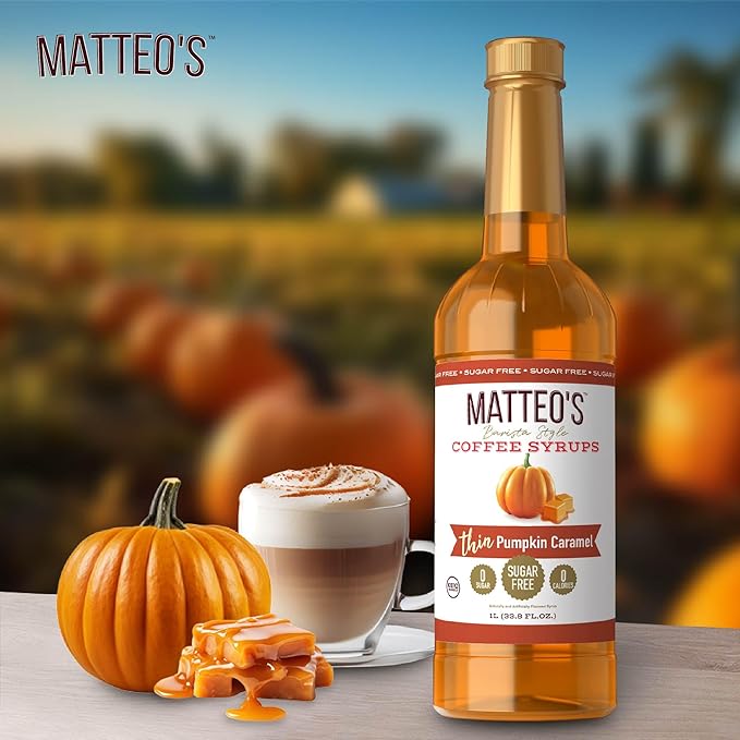 Matteo's Pumpkin Caramel Syrup for Coffee, Lattes, Cappuccinos & Desserts – Sugar-Free Sweetener for Beverages, Keto Friendly, Zero Calories, Indulgent Flavor, Non-Alcoholic, 33.8oz (1pk)