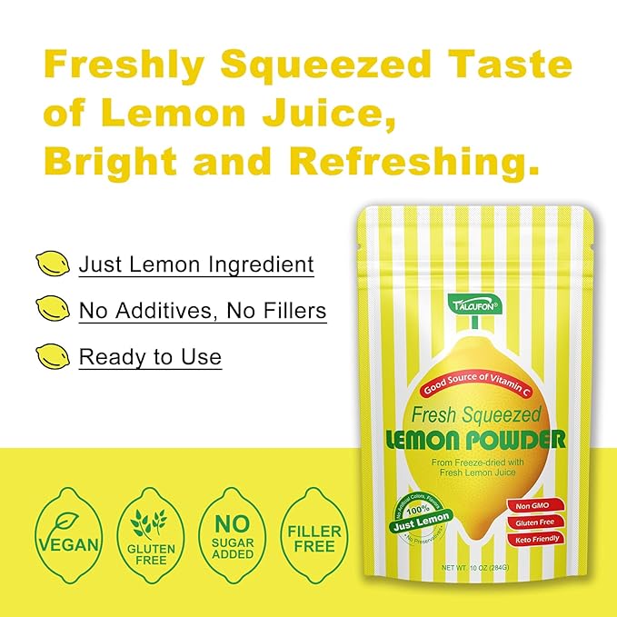 TALCUFON Freshly Squeezed Lemon Powder 10 Oz, Just Cold Pressed, Freeze Dried Lemon Juice Powder No Added Sugar, Gluten Free, Non-GMO Great Flavor for Drinks, Smoothie, & Beverages 284G