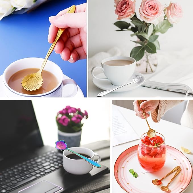 16 Pieces Flower Spoon Coffee Teaspoon Set, PBIEHSR Stainless Steel Coffee Tea Spoons for Drink Mixing Milkshake Jam