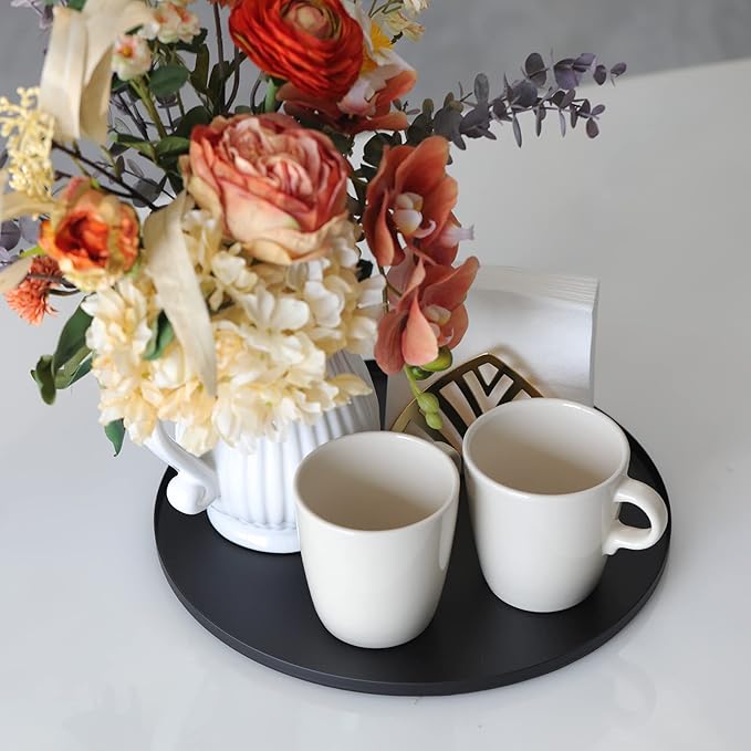 FREELOVE Black Tray, Round Serving Platter, Bar Circle Decorative Plate, Coffee Table Metal Decor Dishes, Brushed Hammered Coasters, Counter Bathroom Kitchen Dessert Cart Display Food, Thin 12 inch