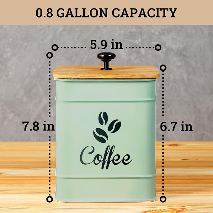 Airtight Coffee Canister - 40 oz Large Iron Sage Green Container Airtight - 6 x 8 inch Metal Jar - Stylish Countertop Container for Coffee Grounds, Beans & Pods with Rubber-Lined Bamboo Lid