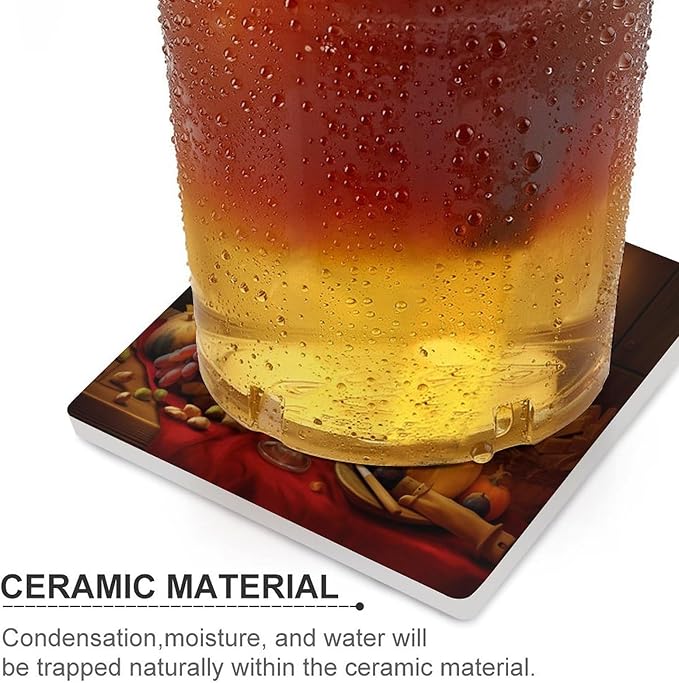 6PCS Red Wine Drink Coasters, Square Modern Ceramic Absorbent Coasters, Retro Wood Style Red Wine Fruit Grapes Fruit Floral Sunflower Decor Desk Coffee Table Coaster for Beverage Cup Tea Coasters