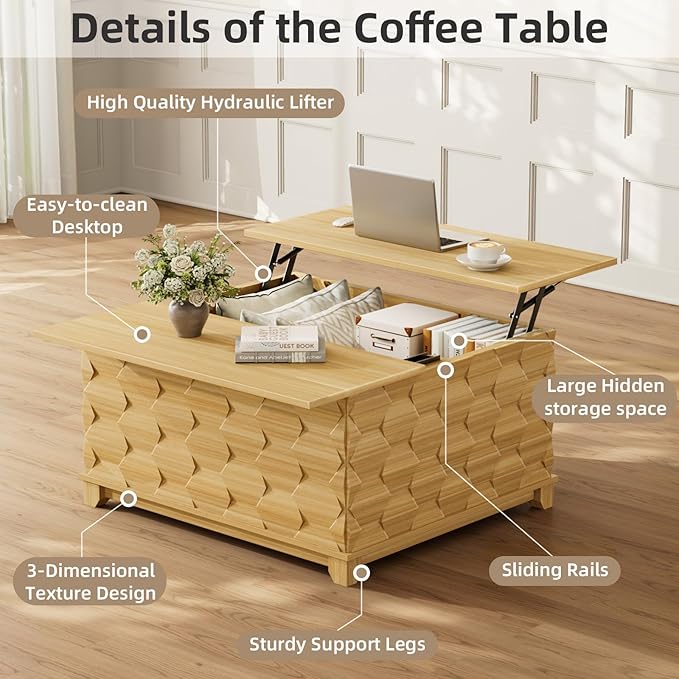 Lift Top Coffee Table, 31.5'' Square Coffee Table with with Storage, Farmhouse Coffee Tables with Hidden Storage, Center Table with Embossed Texture for Living Room, Home Office, Natural