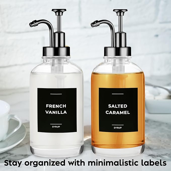 Spaceneat Coffee Syrup Dispenser with Pump - Includes 24 Flavor Labels - Glass Syrup Dispenser for Coffee Bar - Elevate your Beverage Station with 16.9 fl oz Flavoring Container Bottles, 2pcs, Black