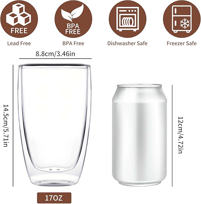 MESNEY Double Wall Espresso Cups 17 Oz, Glass Coffee Mugs Set of 2, Insulated Clear Cappuccino Latte Mugs for Home, Cafe & Restaurant, Durable Stackable Drinking Glasses