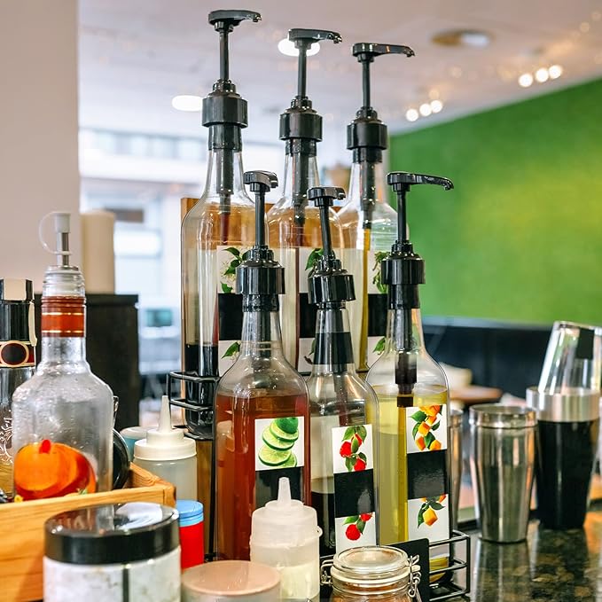Maxdot 2 Pcs 25 oz Syrup Bottles with Pump Long Neck Bottles Plastic Syrup Pump Dispenser for Coffee Bar Accessories Home Party (Black)