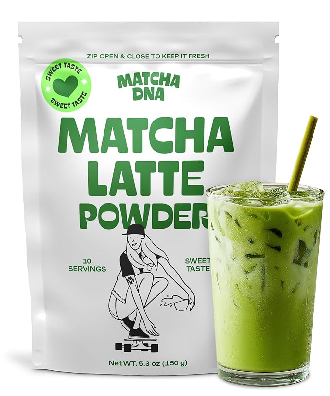 MatchaDNA Matcha Latte – Sweet Matcha Latte Powder with Milk, No Sugar Added – Green Tea Lattes Mix for Hot or Iced Drinks – Organic Macha Tea, Antioxidant Rich, Smooth Energy Boost (5.3 oz Pouch)