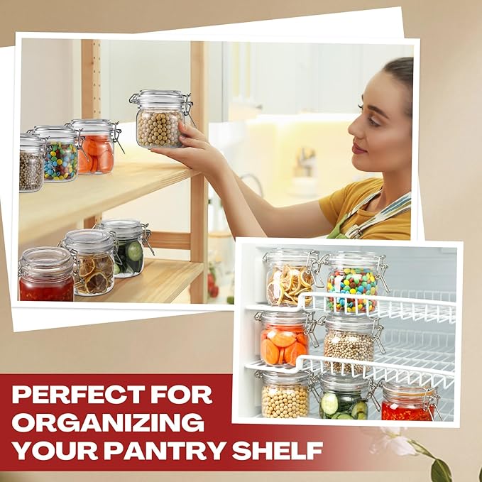 Suclain Plastic Storage Jars with Airtight Hinged Lids, Clear Wide Mouth Food Storage Containers Empty Bottles Sealed Jars for Home Kitchen Candy Herbs Spices Coffee Nuts(8 Pcs,10 Oz/300ml)