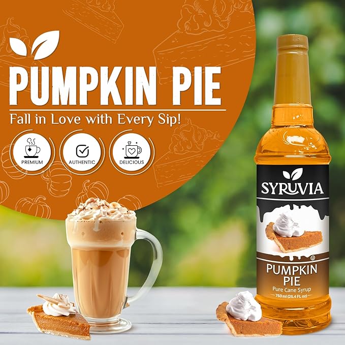Syruvia Pumpkin Pie Coffee Syrup, Flavored Syrup for Drinks, Lattes, and Desserts – 25.4 fl oz, With Pump