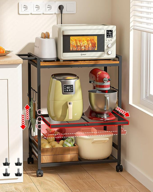 Kitchen Cart with Adjustable Shelves 3-Tier, Rolling Microwave Cart with Push Handle, Microwave Storage Stand with Drawer Slider Shelf, Utility Cart for Kitchen, Restaurant, Living Room, Office