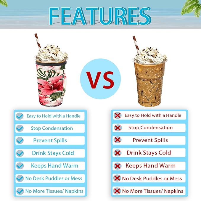 Reusable Iced Coffee Cup Sleeve Tropical Flowers Neoprene Insulated Sleeves Cup Holder with handle Idea for 16oz - 18oz