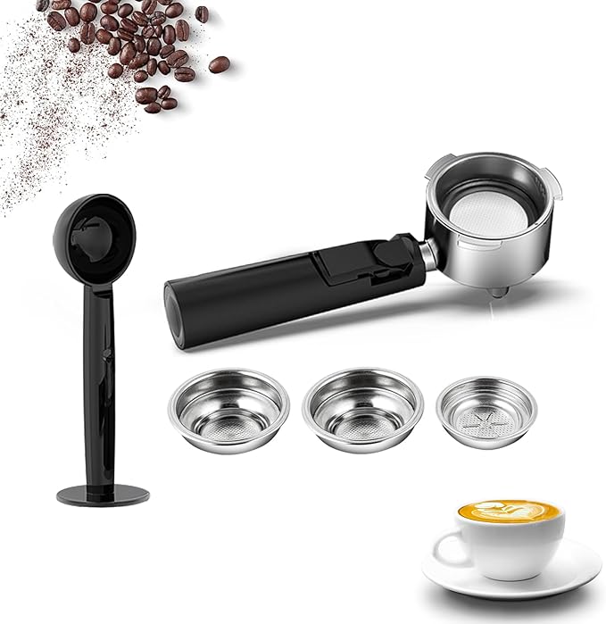 51mm Coffee Espresso Portafilter/Espresso Machine Holder, 3 ears, Double Spouts, with Single + Double Filter Baskets, Stainless Steel, Black Handle Filter Cup Holder