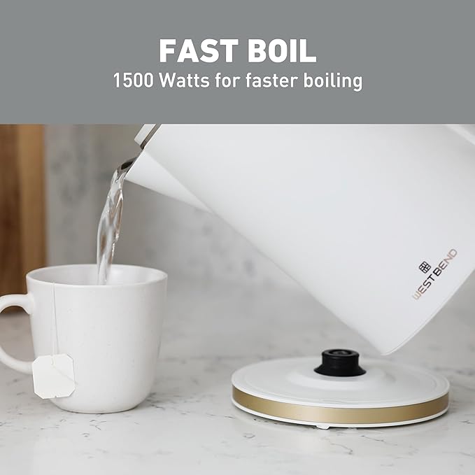 West Bend Timeless Electric Kettle Cordless Serving Features Stainless Steel Interior Boil Dry Protection and Auto Shut Off, 1.5-Liter, White/Gold