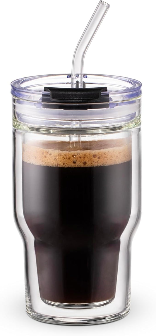 Double Walled Glass Espresso Cups, Insulated Coffee Mug with Straw and Lid - 12oz/350ml Reusable Tumbler for Hot/Cold Drinks, Smoothie, Latte, Matcha, Car & Travel
