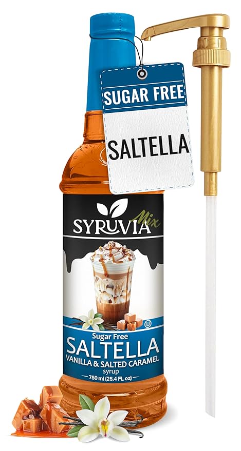 Syruvia Sugar Free Coffee Syrup, SALTELLA Syrup, Vanilla Salted Caramel Flavored Syrup for Drinks, Lattes, and Desserts – 25.4 fl oz, With Pump