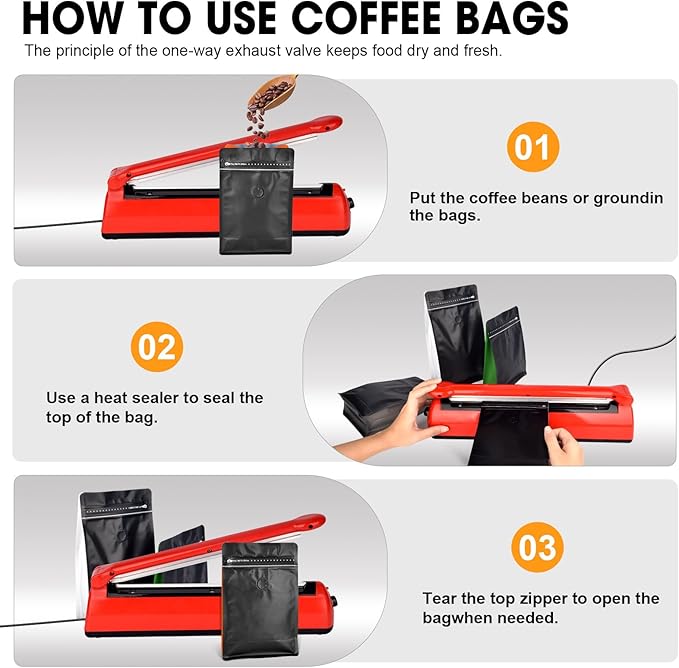 Coffee Bags with Valve(60pcs,8oz,0.5lb) Vented Coffee Beans Packaging Bags High Barrier Aluminumed Foil Flat Bottom Heat Sealed Side Zipper Resealable Storage Bag for Home or Business（Black+Orange）