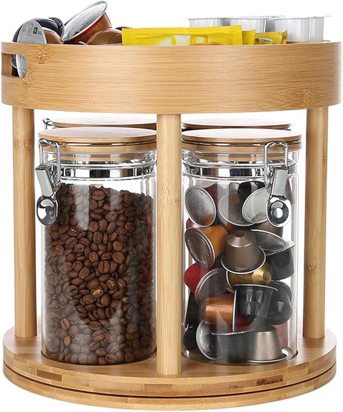 KKC HOME ACCENTS Clear Glass Food Storage Containers with Lids and Wooden Rack Set, Airtight Jar Canister with Bamboo Clamp Lid for Cereal, Dry Food, Coffee Bean, and Sugar,40 Fluid Ounce