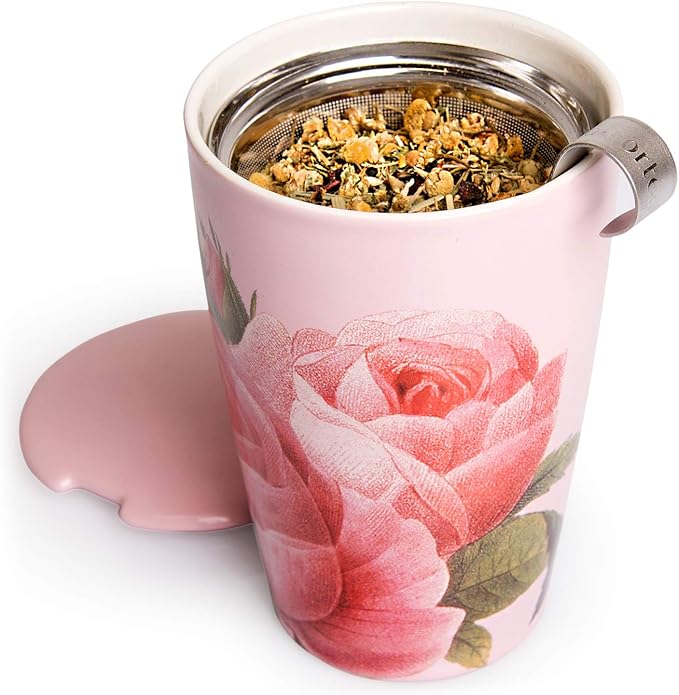 Tea Forte Double-Walled Ceramic Kati Cup, Removable Stainless Steel Infuser Basket and Lid, Steeps 12 oz Loose Leaf Tea, Dishwasher & Microwave Safe, Jardin
