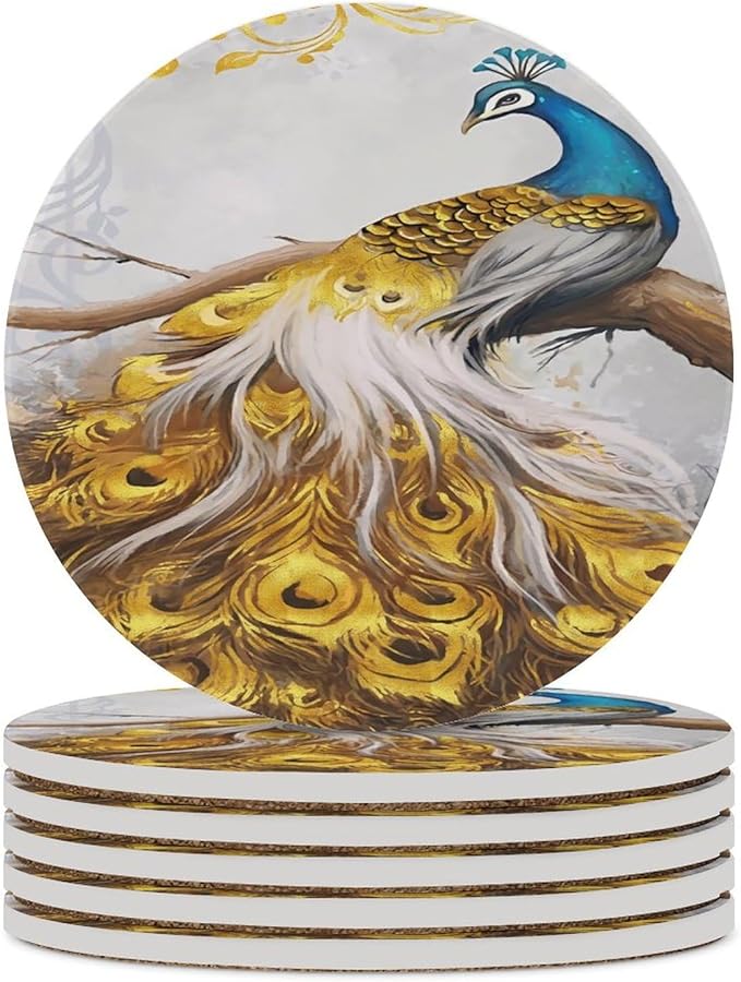 Peacock Drink Coasters, Round Ceramic Drink Coaster Round-6PCS, Tree Branch Vintage Beautiful Gold Peacock Decor Absorbent Ceramic Coasters for Beverage Cup, Bar, Coffee Table