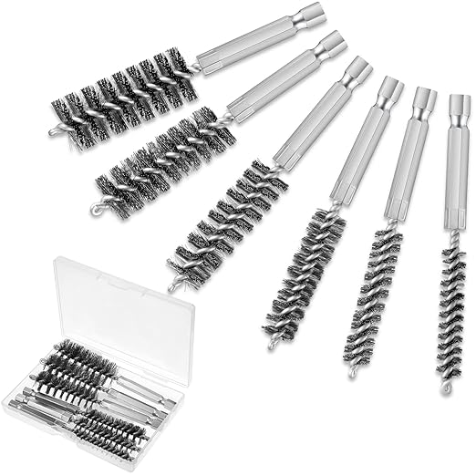Patelai 6 Pcs Stainless Steel Wire Bore Brush Different Size Twisted Cleaning Brush with Handle 1/4 Inch Hex Shank for Power Drill Impact Driver (8/ 10/ 12/ 15/ 17/ 19 mm)