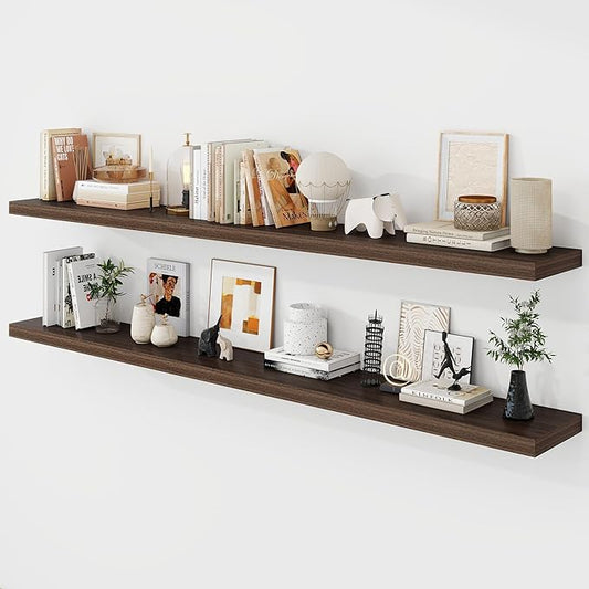 72 Inch Floating Shelves, 9.3" Deep Floating Shelf Wall Mounted, 72" Wall Shelves, Rustic Deep Bookshelf, Large Display Shelves & Storage Shelves for Bedroom, Living Room, Walnut, Set of 2