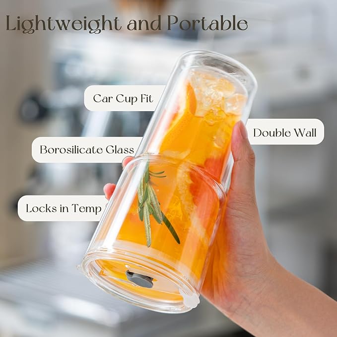 KEMORELA 20oz Double Wall Glass Tumblers 4‑Pack with Lids & Straws | Insulated Clear Drinking Glasses for Iced Coffee, Matcha, Smoothies | Reusable Cups for Family & Parties