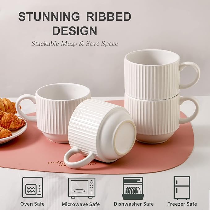 HASENSE Coffee Cups Set of 4 with Stand, 15 OZ Stackable Coffee Mugs with Handle for Tea, Cocoa, Cappuccino, Latte and Americano, Porcelain Vertical Stripe Coffee Cups for Men and Women, Pure White