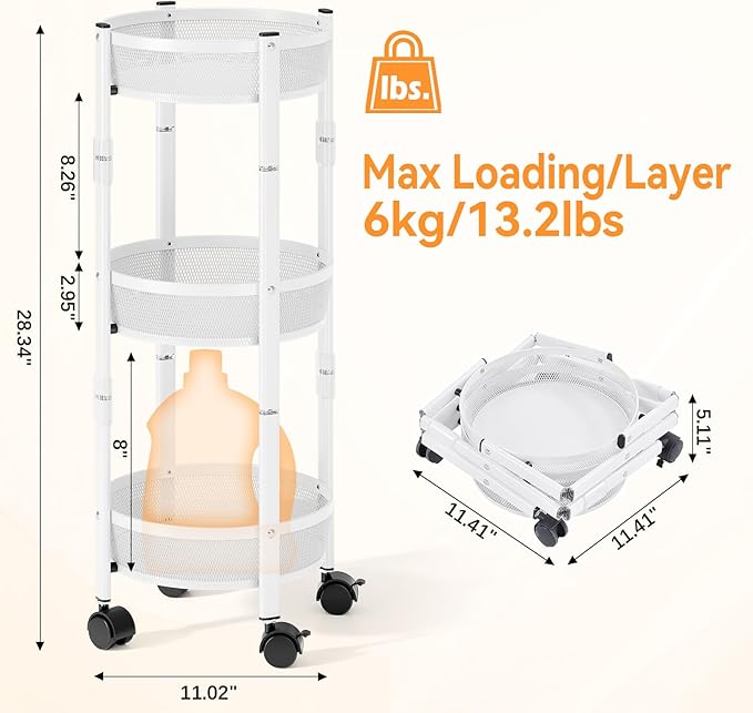 TOOLF 3-Tier Foldable Rolling Cart, Collapsible Metal Utility Cart with Wheels, No Assemble, Multifunction Storage Organizer Trolley for Kitchen, Bathroom, Dorm, Nursery, White
