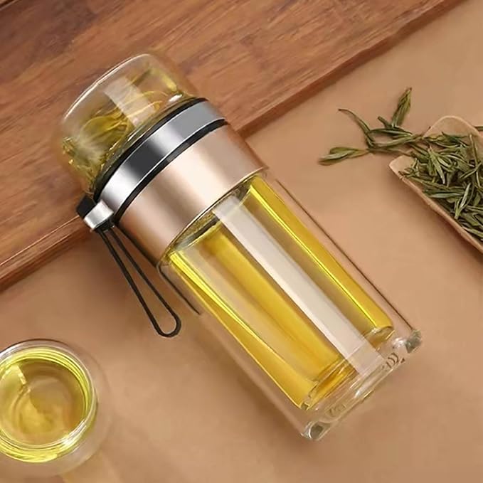 Tea Infuser Bottle, Glass Tea Infuser Bottle Double Wall Portable Tumbler Mug Travel Tumbler Mug Men Infusers Water Bottles (Gold)